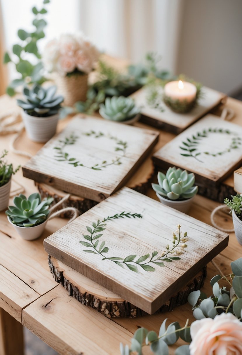 A collection of rustic wooden signs surrounded by plant-themed baby shower decorations including small potted plants and pastel flowers on a wooden table.