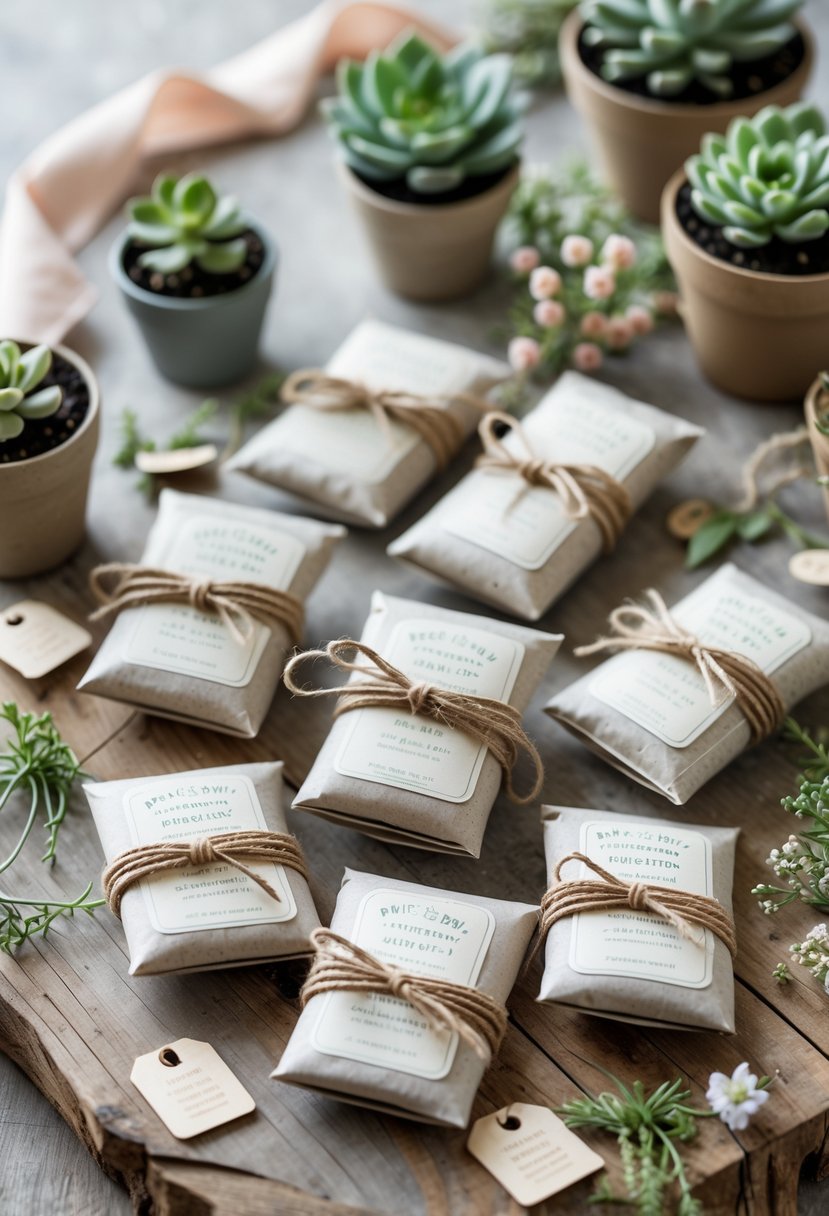Seed packet favors tied with natural jute string arranged with plant-themed baby shower decorations on a wooden surface.