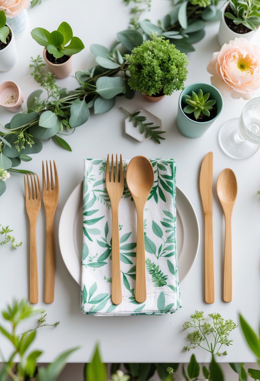 A baby shower table set with bamboo cutlery, leaf-printed napkins, and plant-themed decorations including potted plants and green foliage.