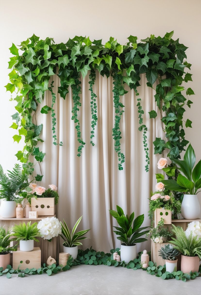 A baby shower photo booth backdrop decorated with green ivy and various plant-themed decorations including potted plants, leafy garlands, and pastel floral accents.