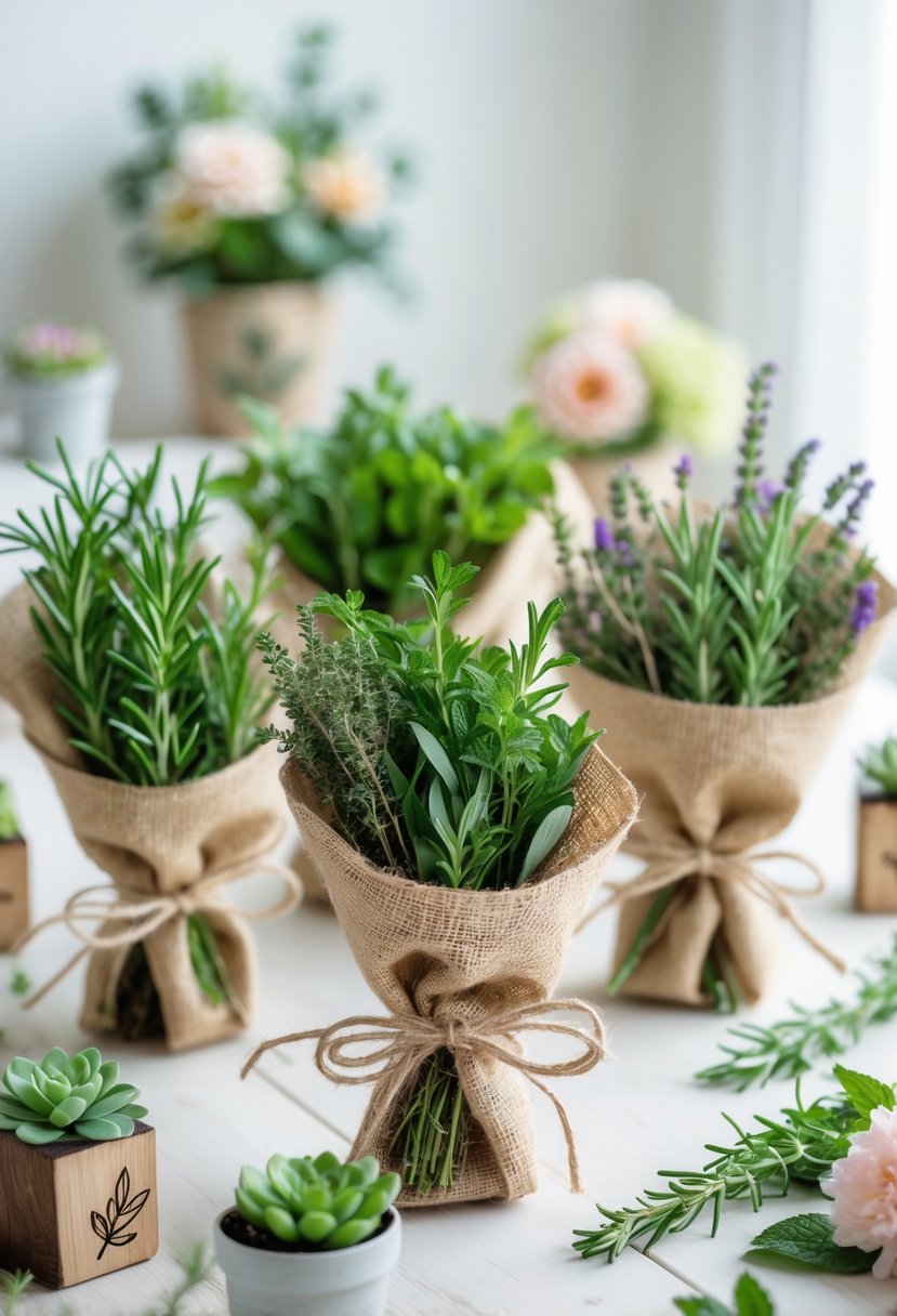 Small herb bouquets wrapped in burlap and tied with twine, arranged on a wooden table with baby shower decorations inspired by plants.