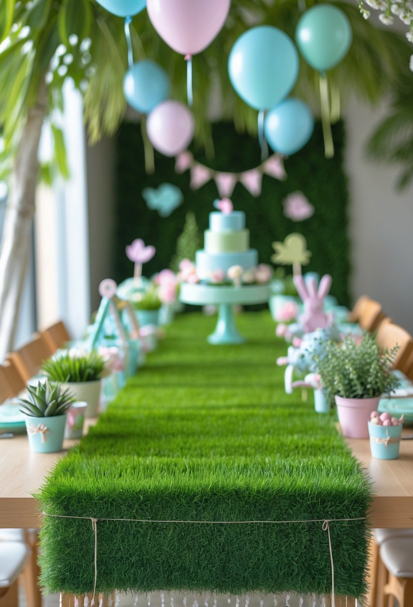A baby shower table decorated with artificial grass table runners, potted plants, leafy garlands, and pastel balloons.