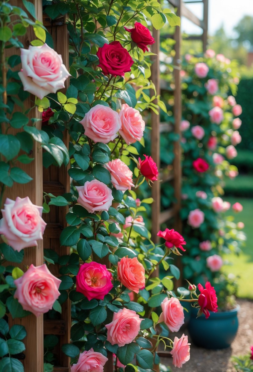 A garden with climbing roses blooming on wooden trellises surrounded by green foliage.