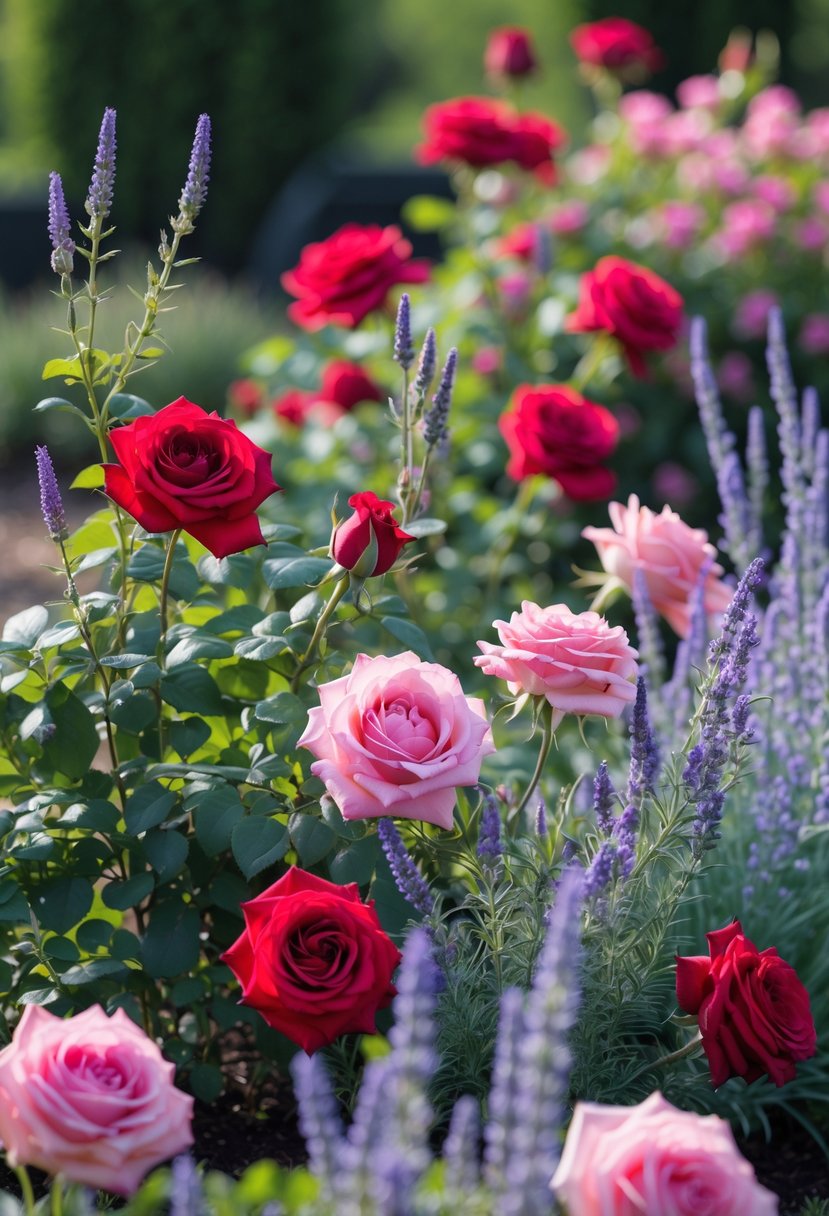 A garden border filled with blooming red and pink roses mixed with purple lavender flowers under natural sunlight.