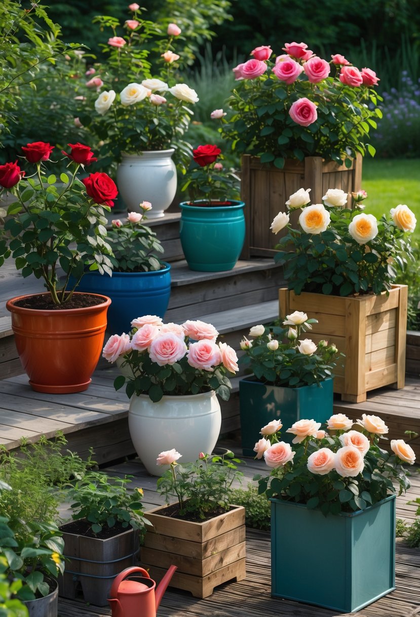 A garden scene with thirteen different rose plants in various containers, including pots and boxes, arranged outdoors with green plants and gardening tools nearby.