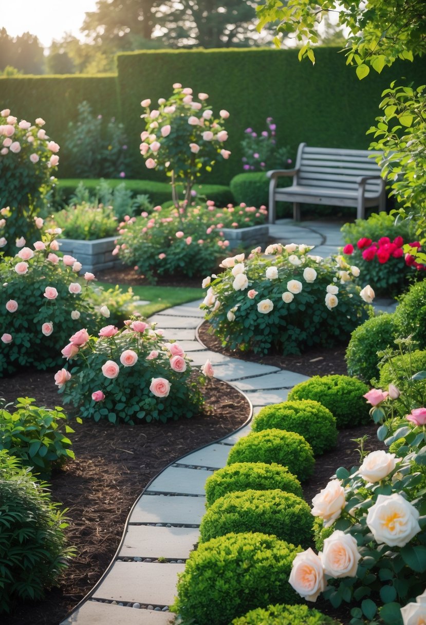 A garden with thirteen different shrub rose plantings featuring colorful roses and green foliage arranged along stone pathways.