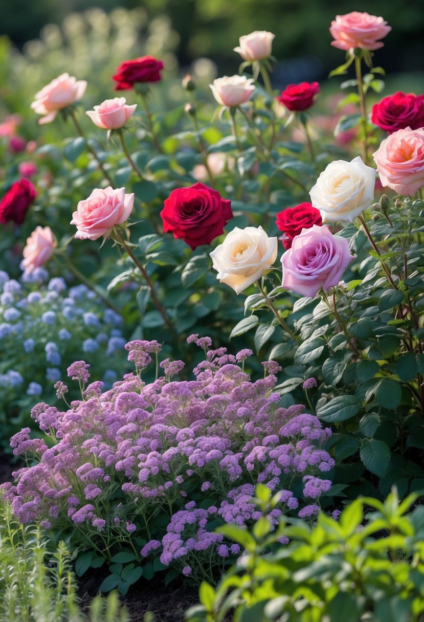 A garden bed with blooming roses in various colors mixed with purple-blue catmint plants under natural sunlight.