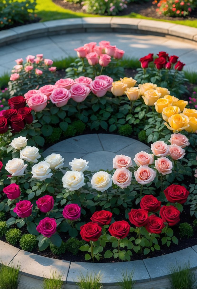 A circular rose bed in a garden filled with 13 different types of blooming roses in various colors, surrounded by green grass and other plants.