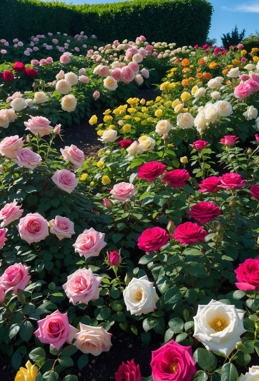 A large garden area densely covered with blooming ground cover roses in various colors under natural sunlight.