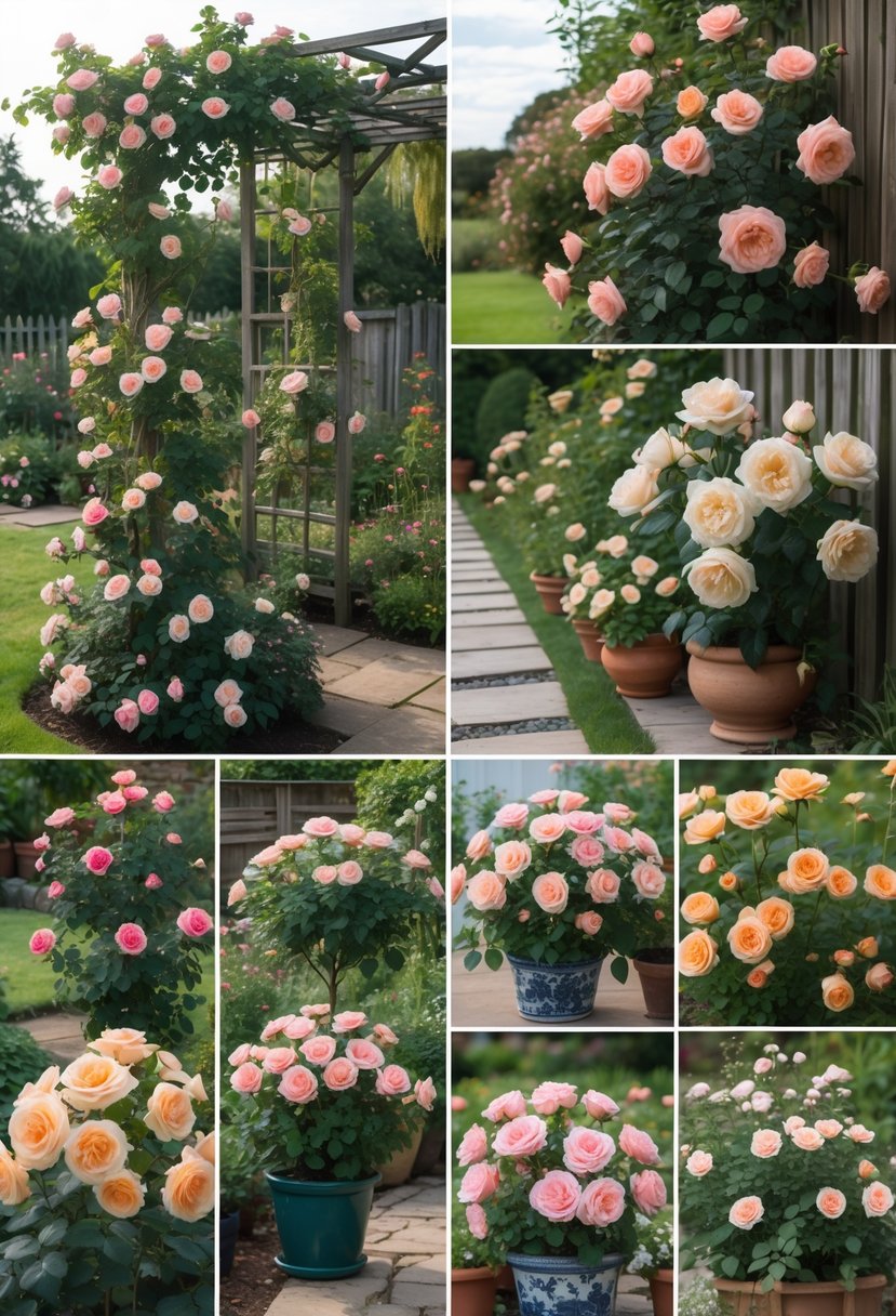 A garden with various heritage roses in bloom, arranged in different planting styles including climbing on trellises, border beds, and pots, surrounded by greenery and stone paths.