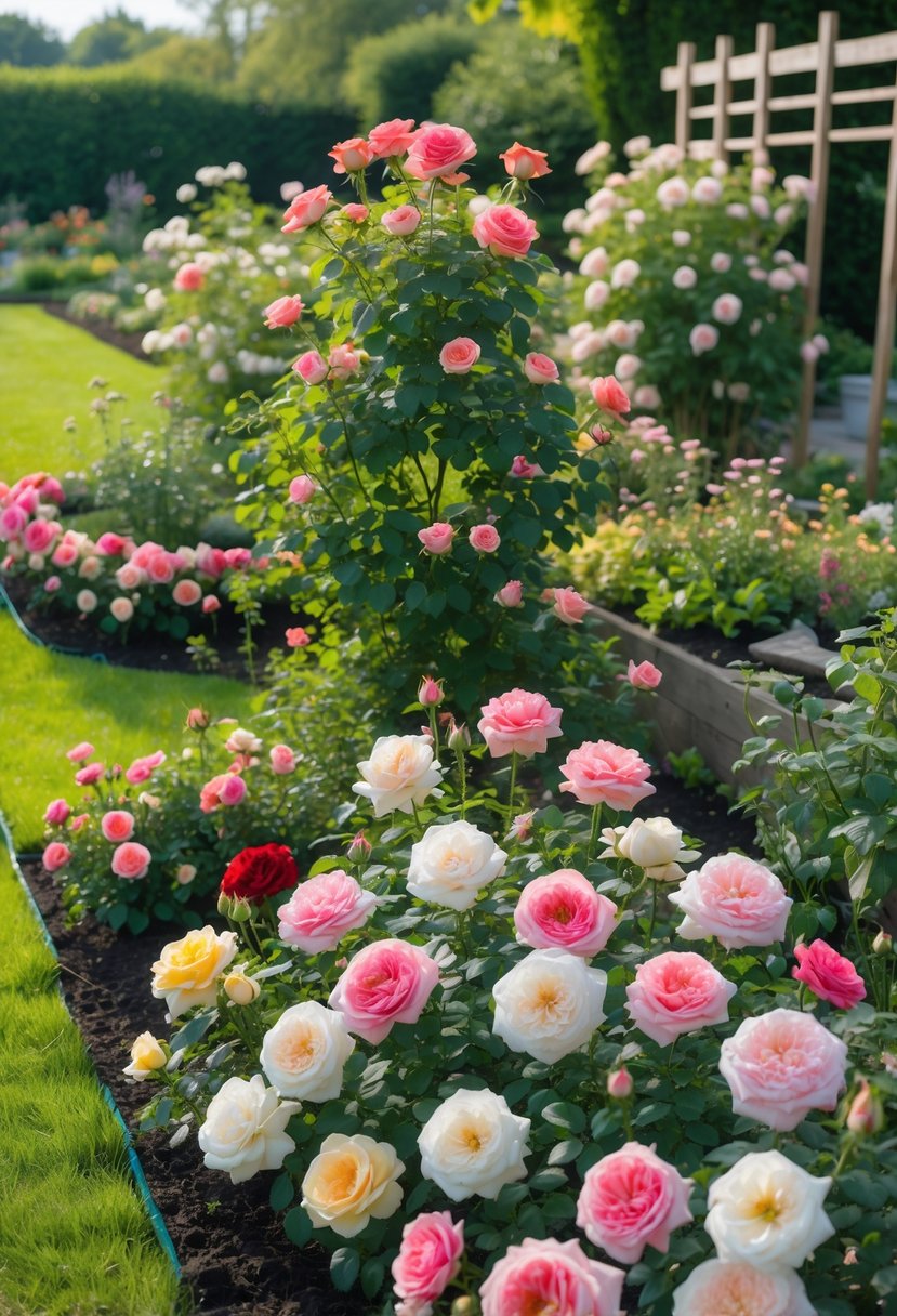 A garden filled with various colorful repeat-flowering rose bushes in full bloom surrounded by green foliage and garden pathways.