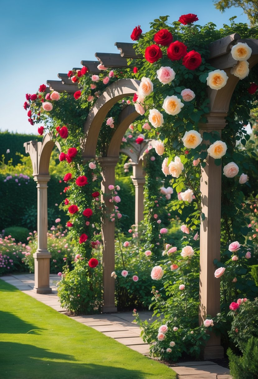 A garden with pergolas and archways covered in colorful climbing roses in full bloom under natural daylight.