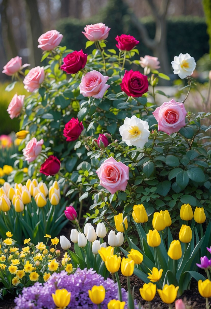A garden bed with blooming roses surrounded by colorful seasonal bulb flowers including tulips and daffodils.