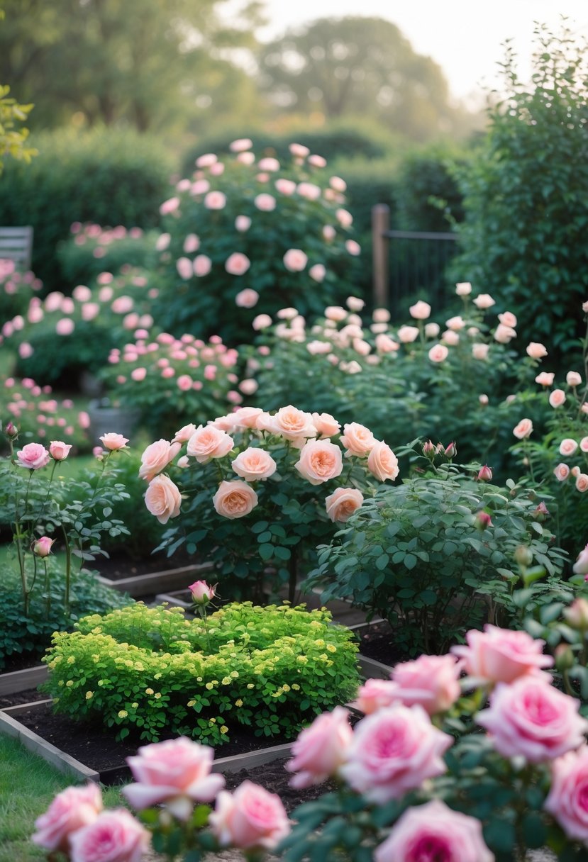 A garden filled with thirteen different rose planting arrangements, all featuring roses in varying shades of one color.