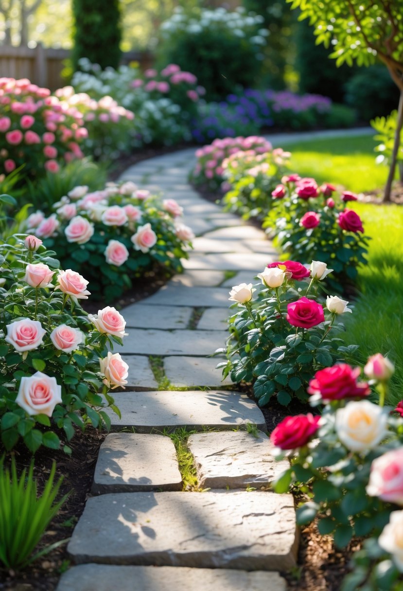 A garden pathway lined on both sides with blooming miniature rose bushes in various colors under soft sunlight.