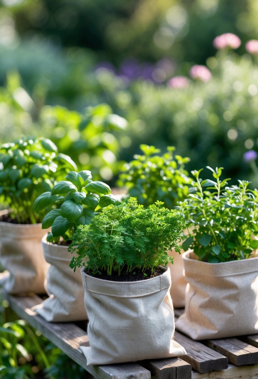 Small fabric grow bags filled with various fresh herbs arranged outdoors in a garden setting.