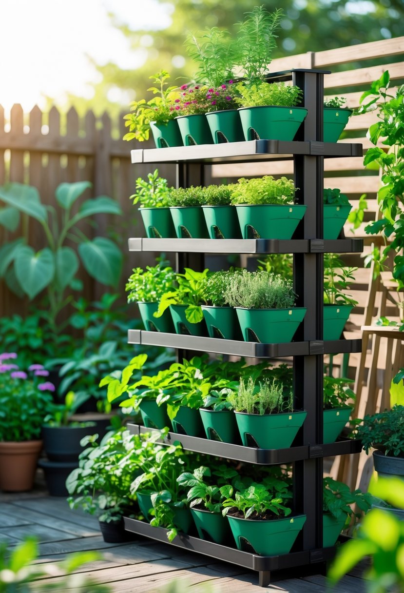 Tiered shelving with multiple grow bags filled with healthy plants and flowers in a garden setting.