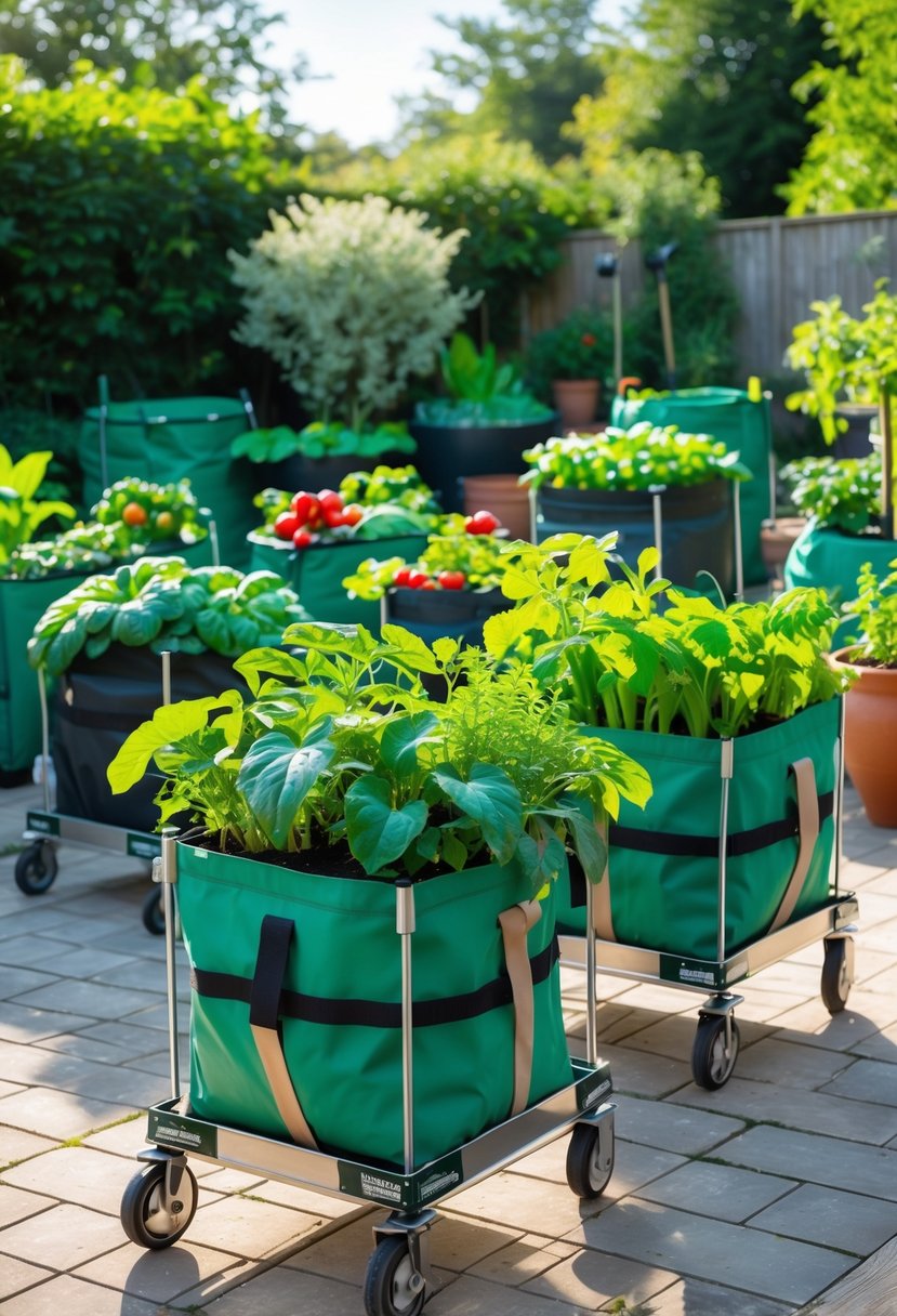 Several mobile grow bag containers with plants and vegetables on wheels arranged in a sunny garden patio.