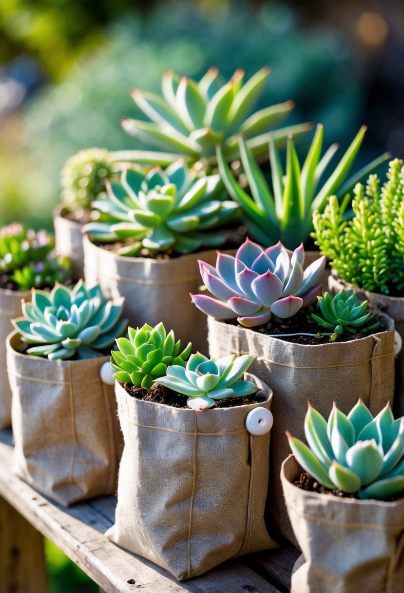 Various succulent plants arranged in small fabric grow bags placed on a wooden surface in an outdoor garden setting.