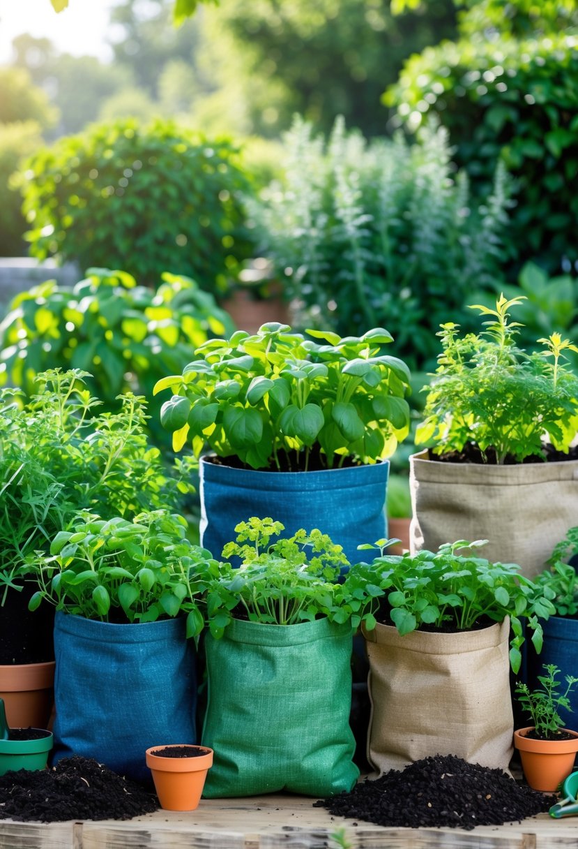 Several recycled fabric grow bags filled with green plants arranged outdoors in a garden with gardening tools and natural sunlight.