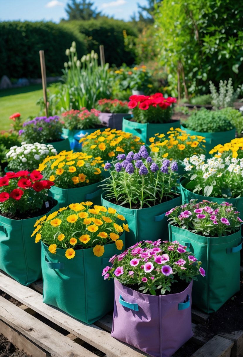 A garden scene with 15 grow bags filled with colorful blooming flowers arranged outdoors on a wooden deck and soil.