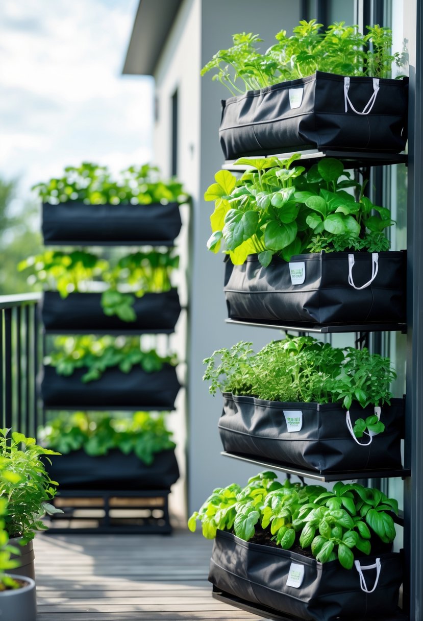 Stackable grow bags filled with green plants arranged vertically in a small outdoor garden space.