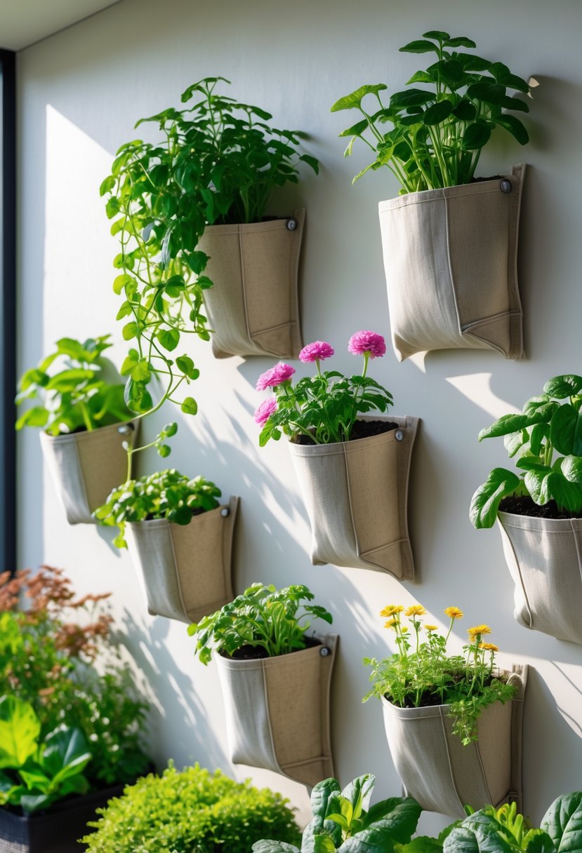 Wall with multiple fabric grow bags mounted, filled with various green plants and colorful flowers arranged decoratively.