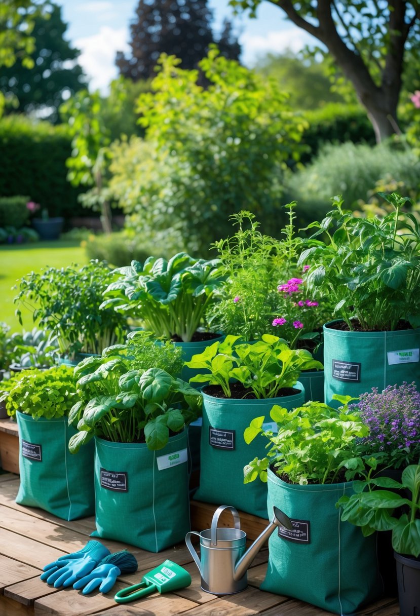 Outdoor garden with multiple self-watering grow bags filled with thriving plants and gardening tools nearby.