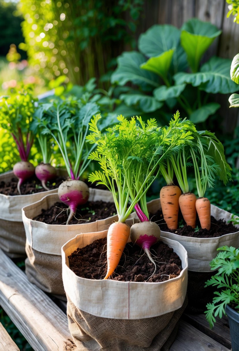 A garden with fabric grow bags containing carrots and beets growing in soil, surrounded by green plants.