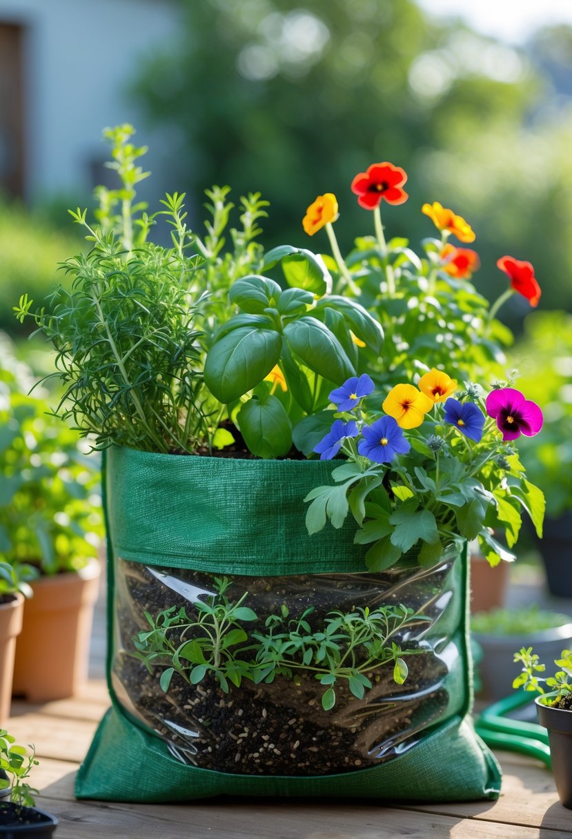 A fabric grow bag filled with various fresh herbs and colorful edible flowers growing together in a garden.