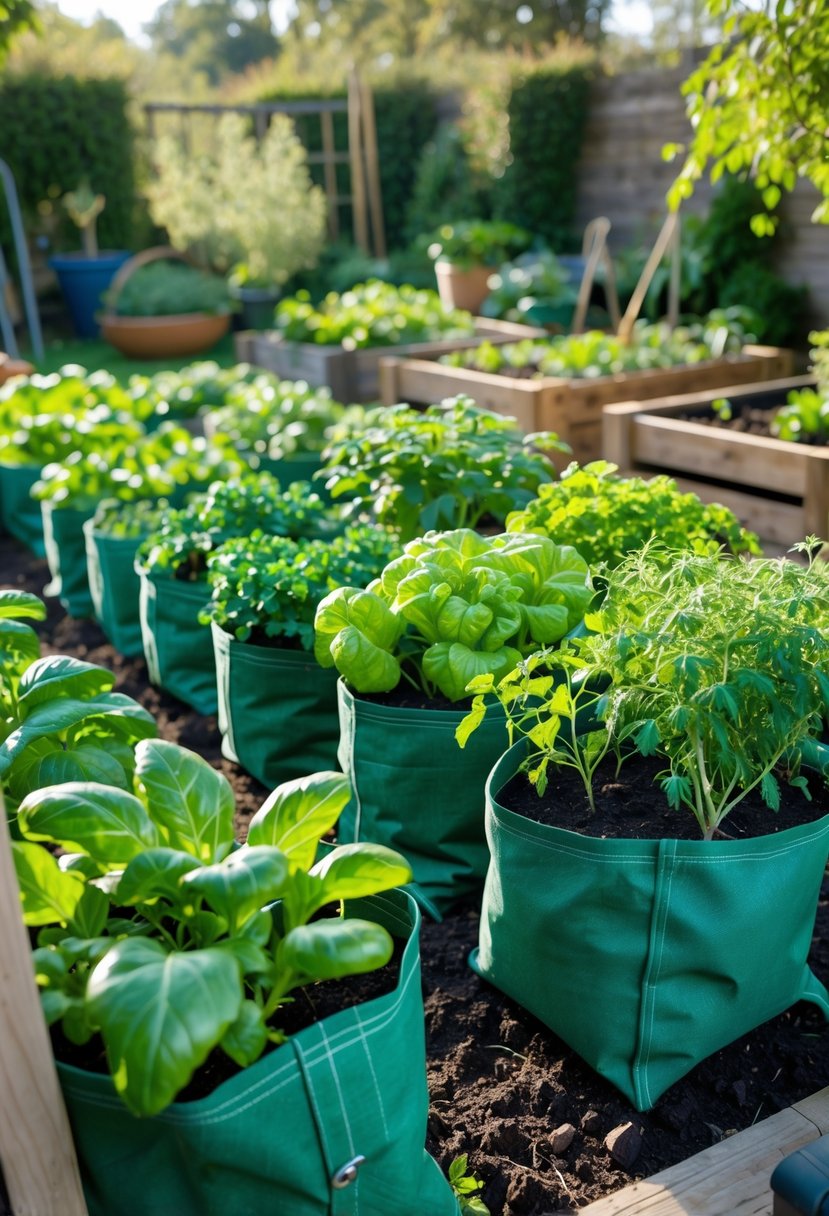 A variety of fabric grow bags with built-in drainage holes containing healthy plants and vegetables in a sunny garden setting.