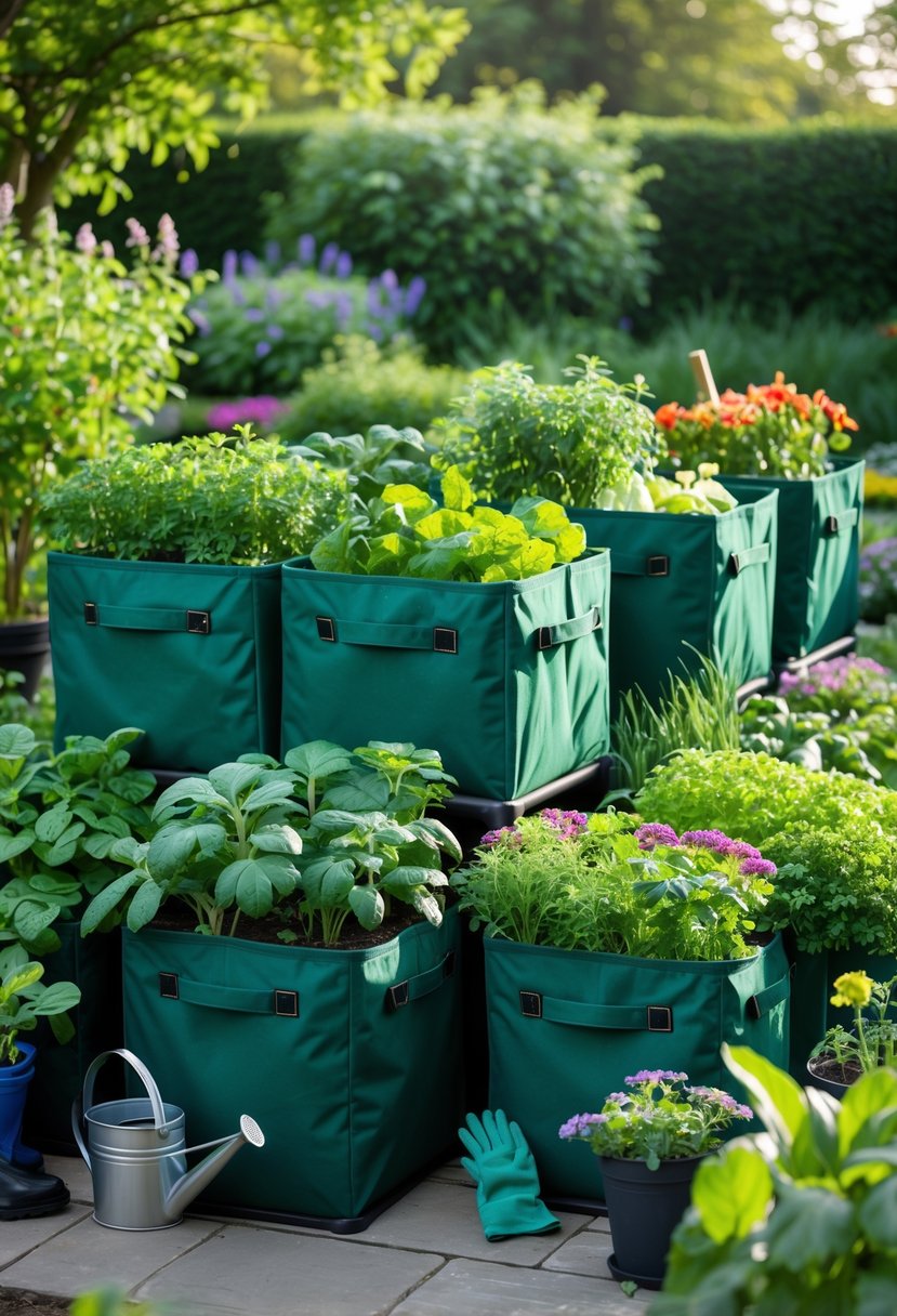 A modular grow bag garden with several connected units filled with various healthy plants in an outdoor garden.