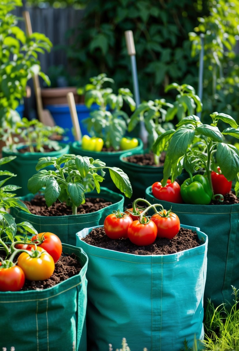 A garden scene showing grow bags filled with tomato and pepper plants, with ripe vegetables and green foliage.