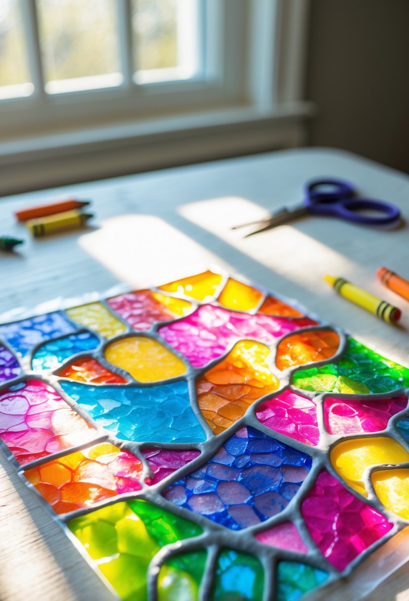 A colorful faux stained glass craft made with wax paper and crayons, backlit by sunlight on a wooden table with crayons and scissors nearby.