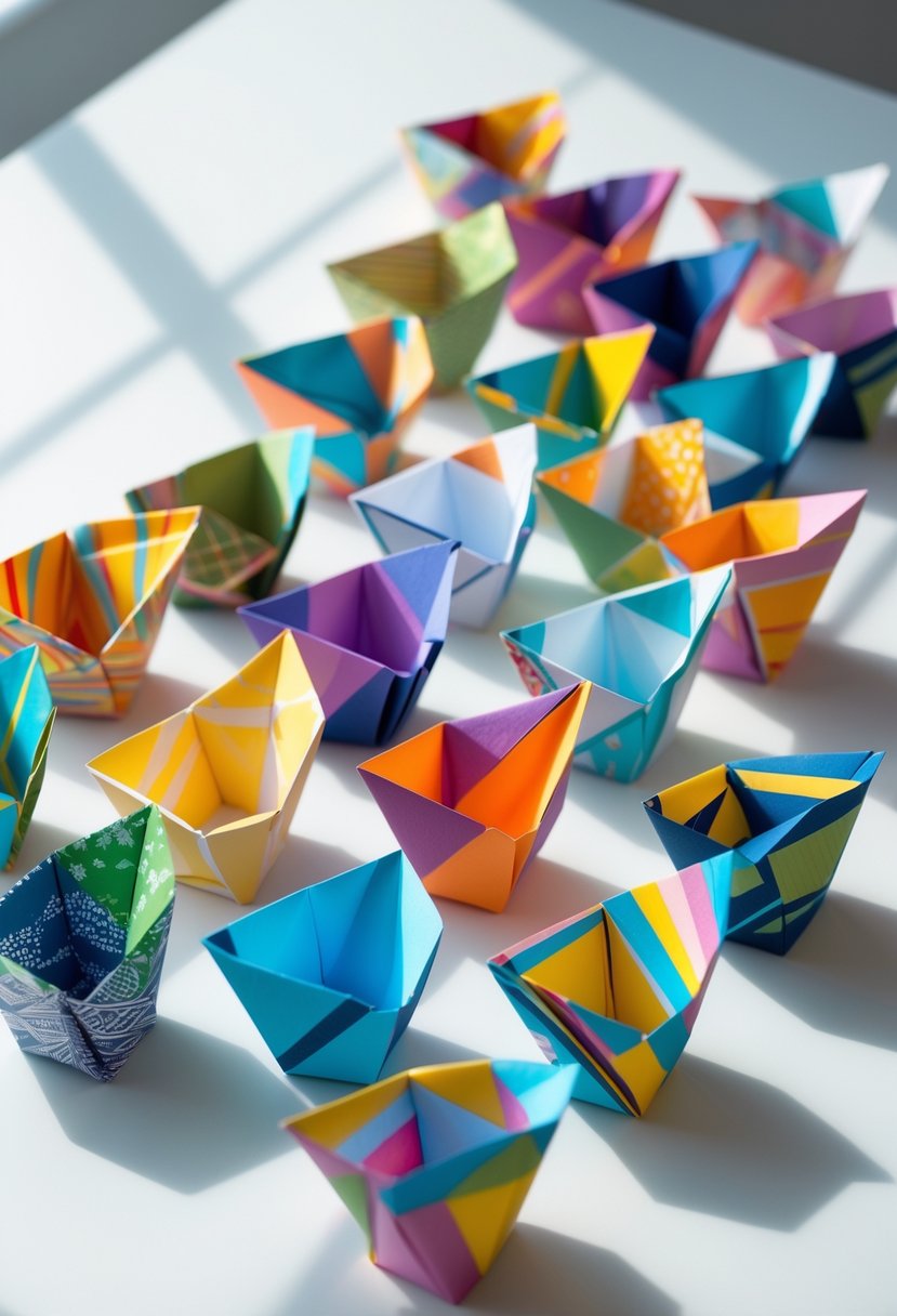 A collection of colorful origami paper glasses arranged on a white surface.