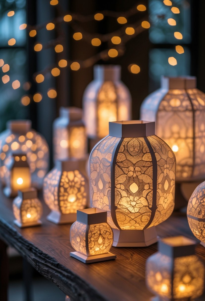 Several glowing paper glass lanterns with LED lights arranged on a wooden surface indoors.