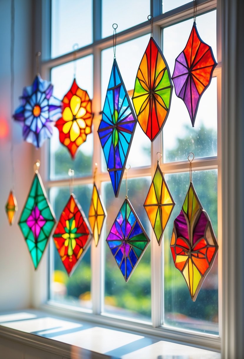 Colorful paper glass window hangings made from translucent paper, illuminated by sunlight through a window.