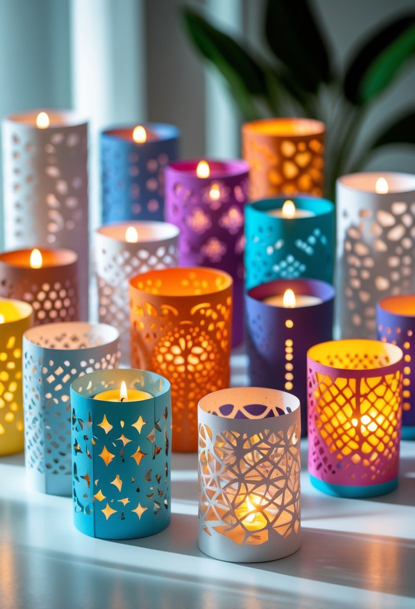 A collection of colorful paper candle holders with lit candles inside, arranged on a white surface.