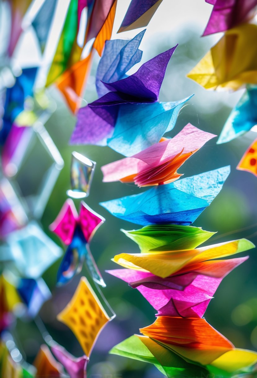 A colorful layered tissue paper glass art piece with light shining through, highlighting its translucent and vibrant design.