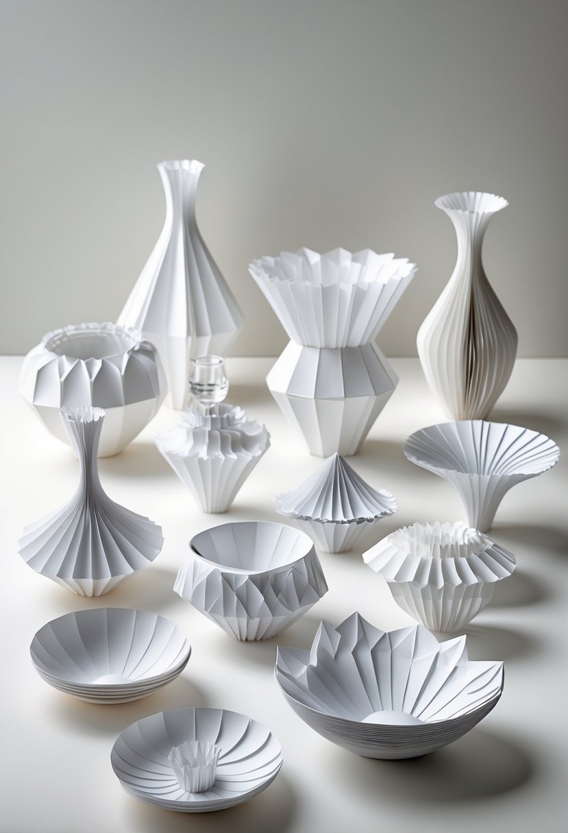 A collection of fifteen delicate 3D paper sculptures shaped like glass objects displayed on a neutral surface.