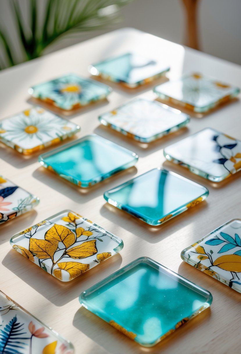 A set of colorful paper glass coasters with a shiny resin finish arranged on a wooden surface.