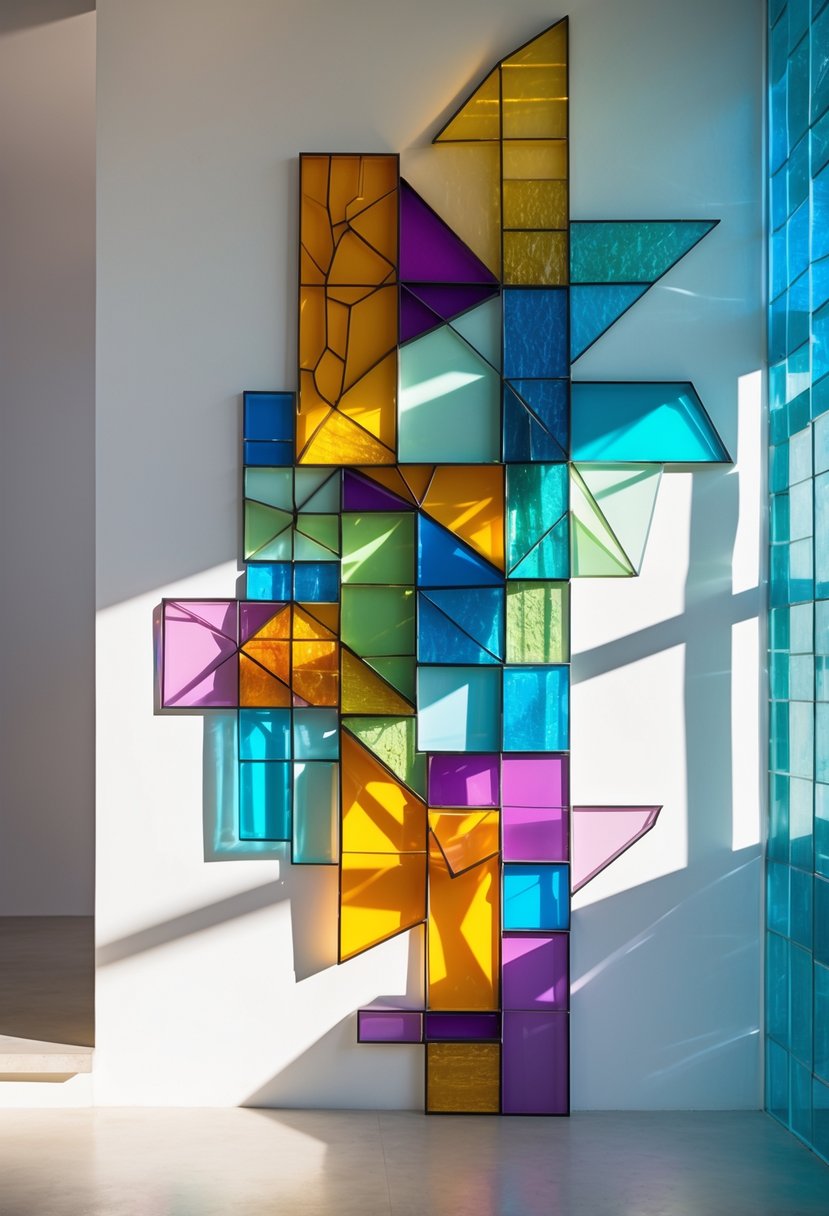 A colorful mosaic wall art made of layered paper and glass pieces displayed on a neutral wall.
