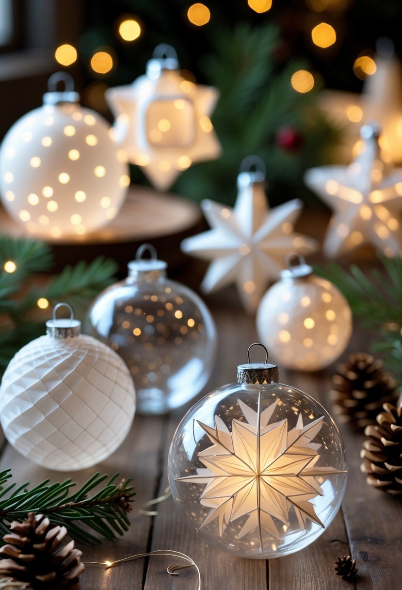 A collection of delicate paper ornaments shaped like glass baubles and snowflakes arranged on a wooden table with pine branches and soft holiday lighting.