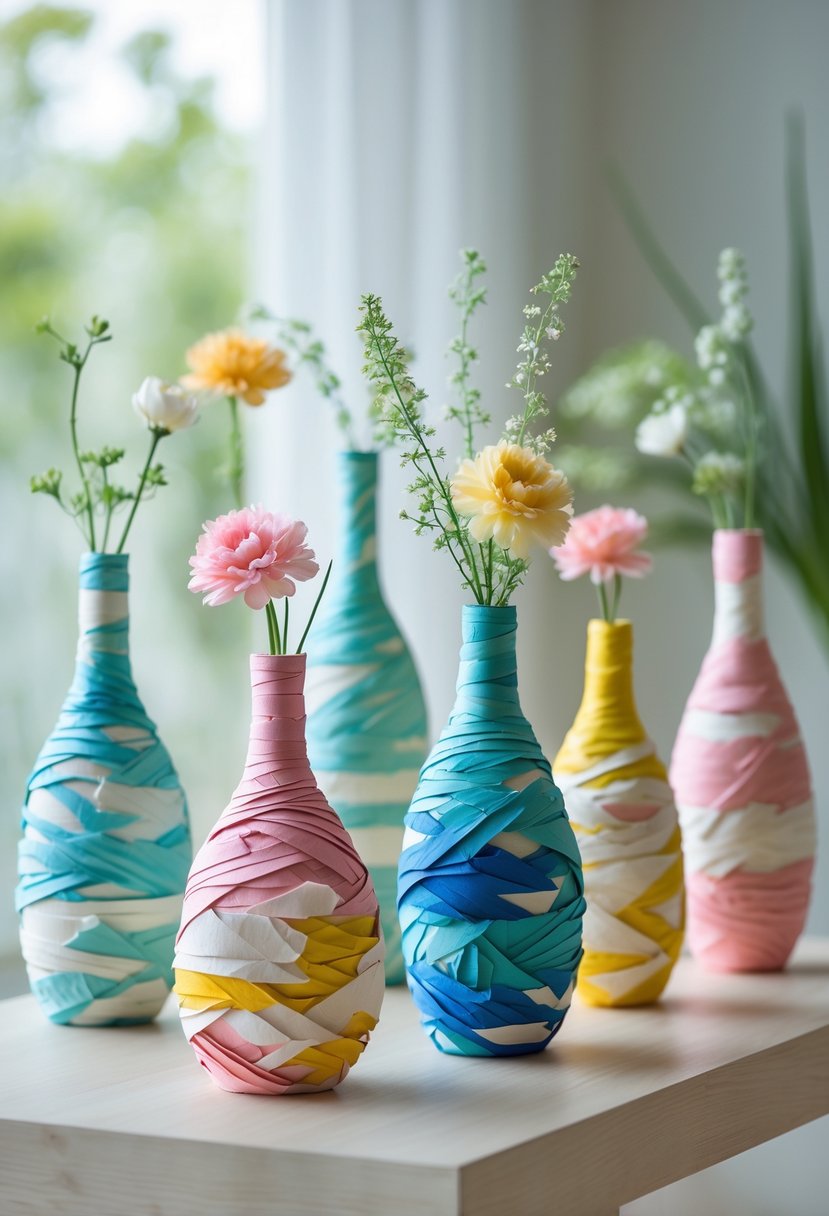 A group of glass vases decorated with colorful paper designs arranged on a wooden surface with a blurred background.