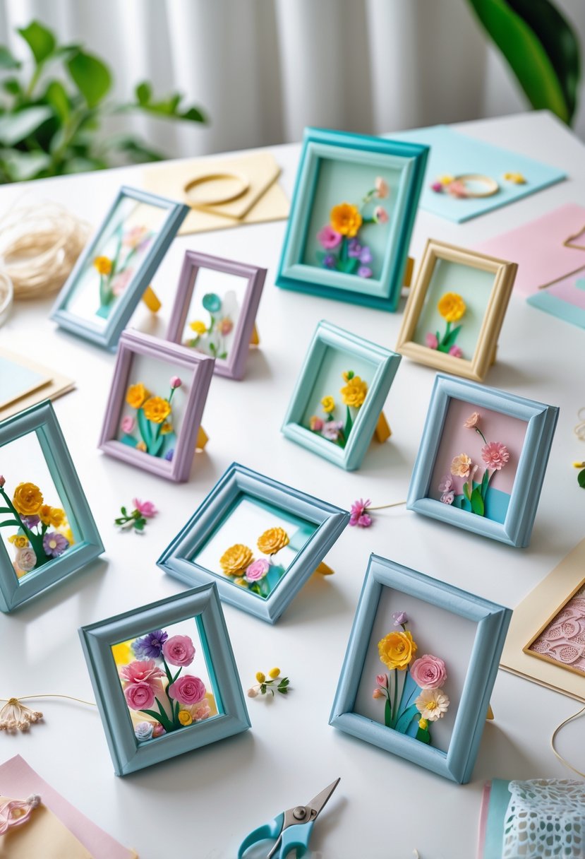 A collection of paper glass picture frames with colorful photos displayed on a white surface surrounded by craft materials.
