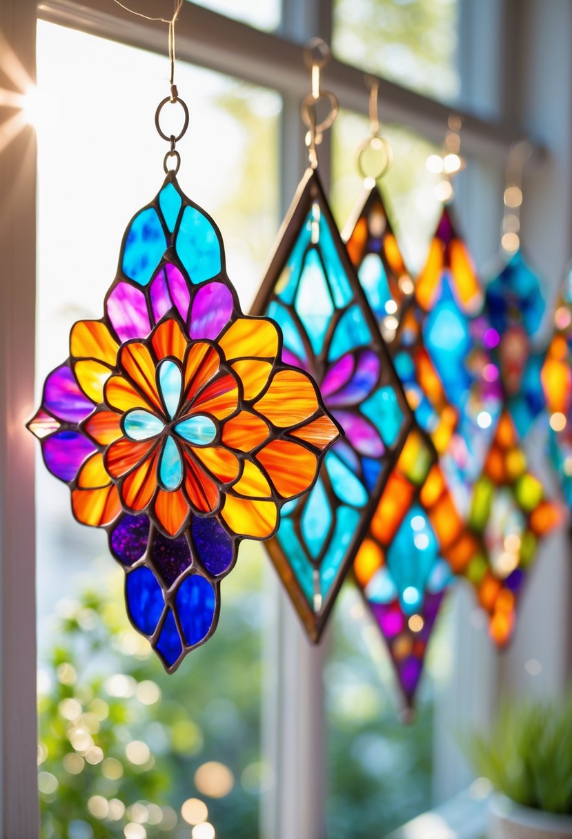 Colorful stained glass paper suncatchers hanging in front of a sunlit window, glowing with vibrant colors.