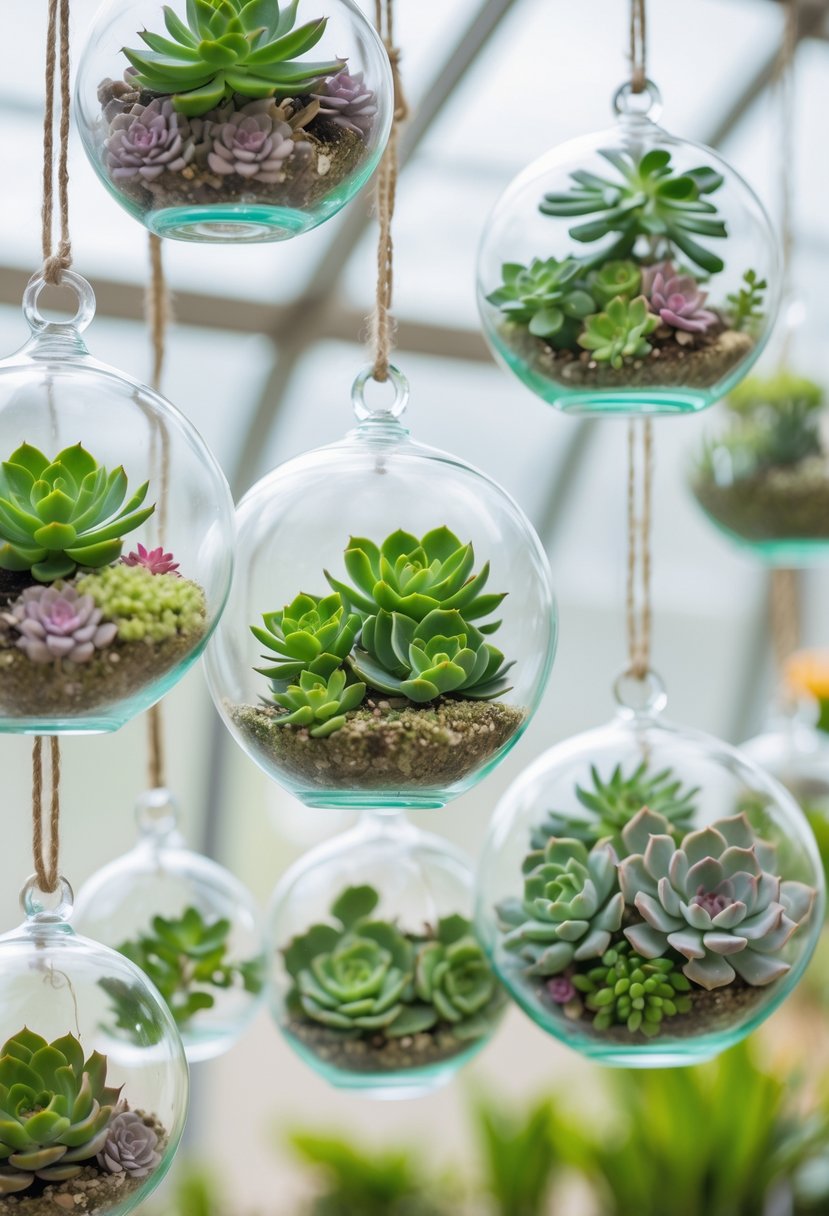 Hanging glass terrariums filled with green succulents suspended in a bright, airy setting.