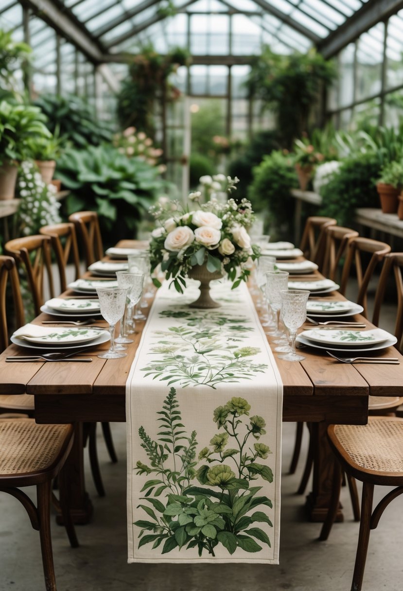 A wedding table in a greenhouse decorated with botanical print table runners, surrounded by plants and set with elegant tableware.