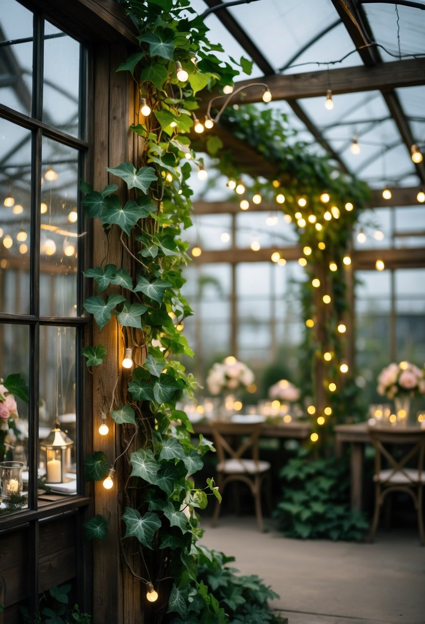 String lights intertwined with green ivy in a greenhouse decorated for a wedding.