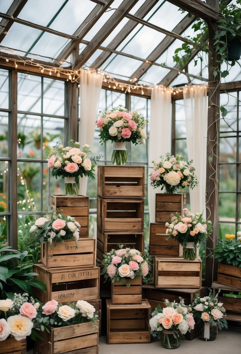 Rustic wooden crates used as flower stands with colorful bouquets inside a greenhouse filled with plants and natural light.